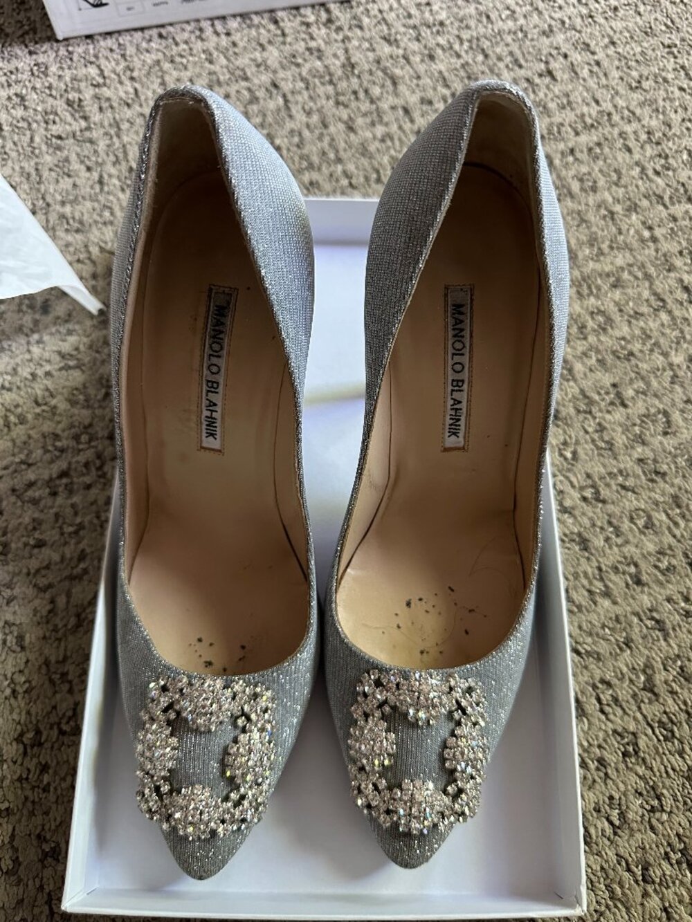 Manolo Blahnik Hangisi Heel in Silver Glitter.